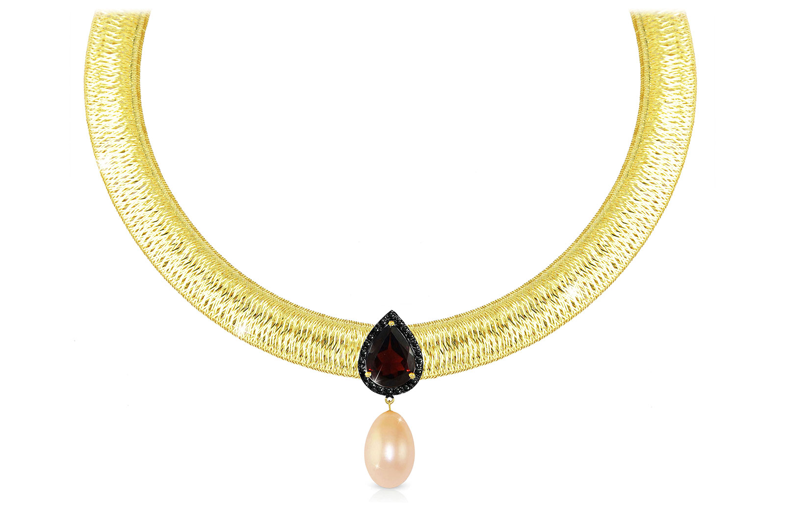 Vera Perla 18K Gold 0.12ct  Black Diamonds, Garnet and 13mm Pink Pearl  Necklace